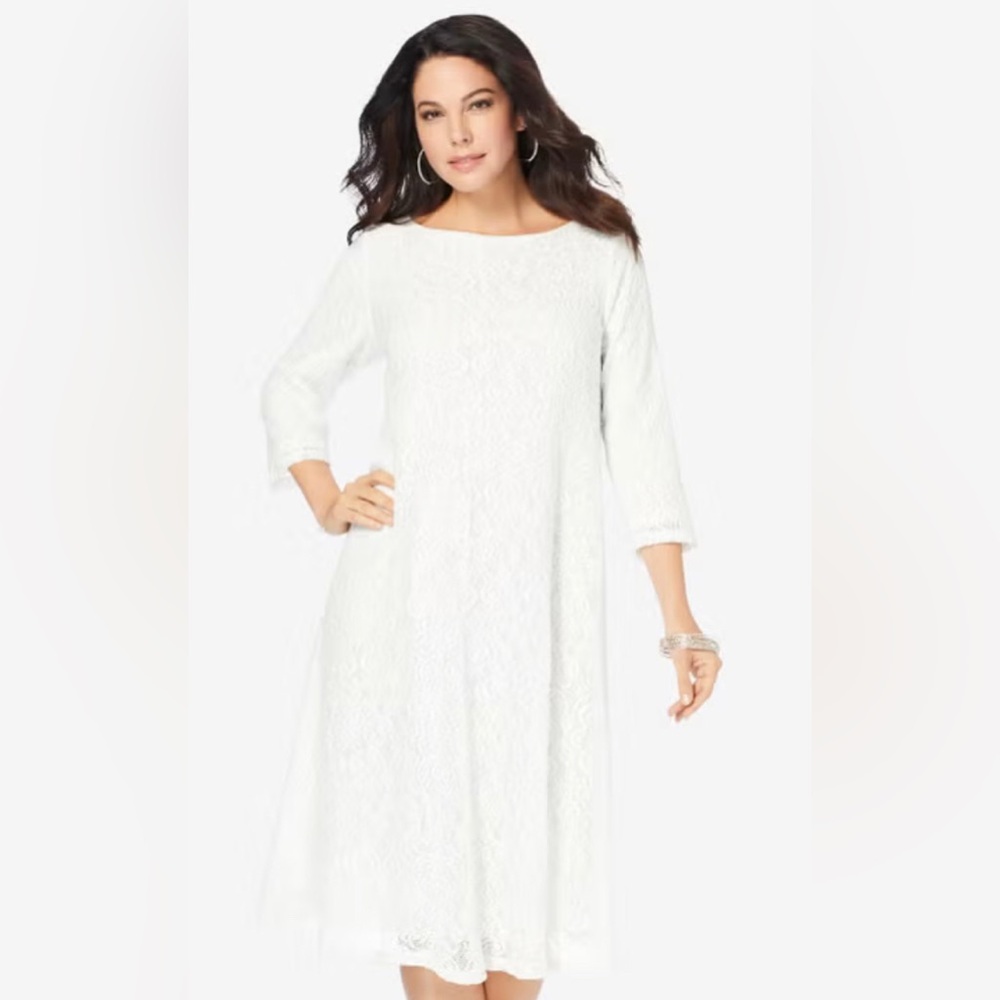 NWT White 3/4 Length Sleeve Boatneck Lace Swing Dress by Roaman’s. Size 22/24